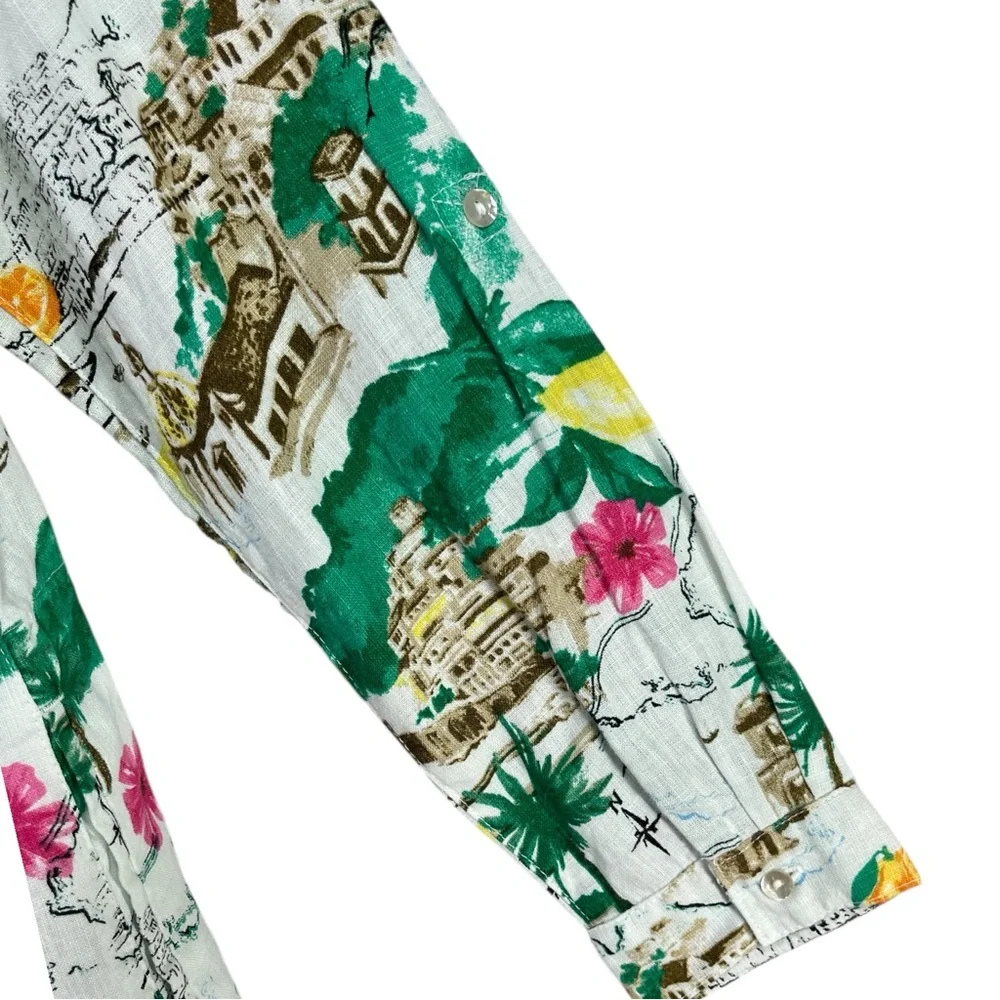 Cynthia Rowley 100% Linen Amalfi Coast Print Long Sleeve V-Neck Mini Dress Small
